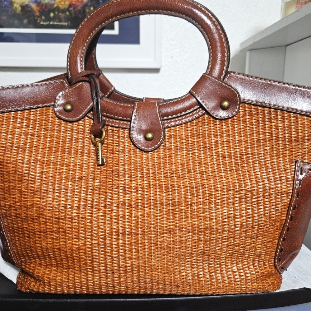 Fossil Brown Straw and Leather Handbag